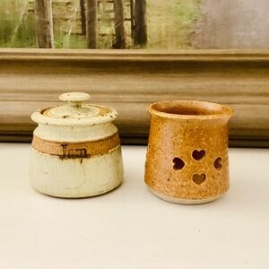A lot of 2 Brown Tone Studio Pottery pieces Jam Jar Heart tea-light candle gifts
